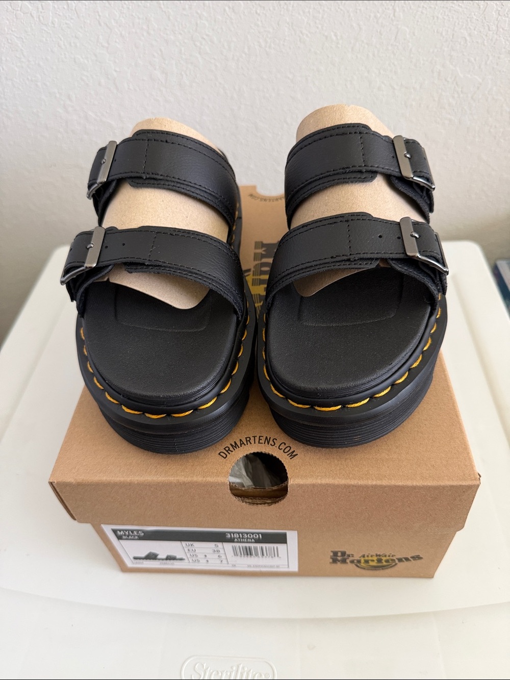 Dr. Martens Black Double-Buckle Platform Sandals with Yellow Stitching